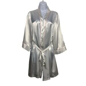 Linea Donatella Women size S White Satin 'Mrs' Robe Pink Trim Waist Tie Bride